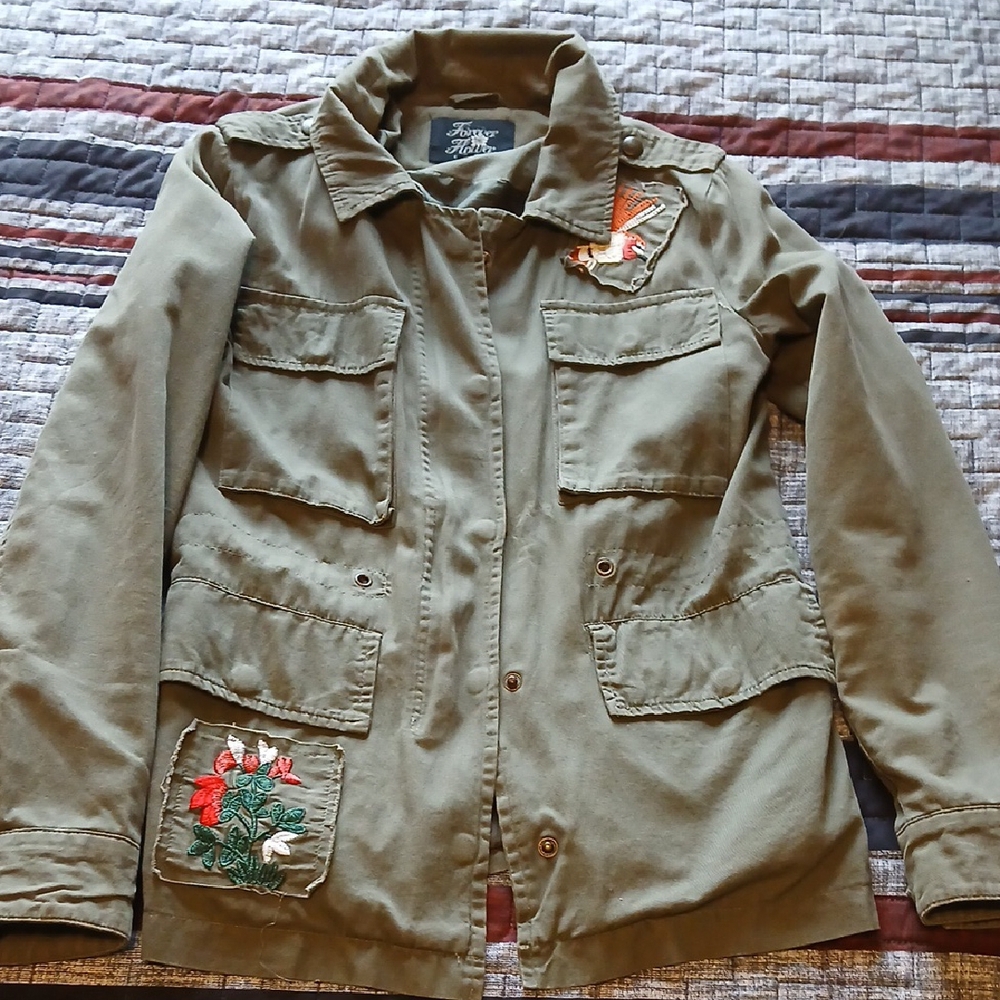 Olive Green Jacket with Floral Embroidery